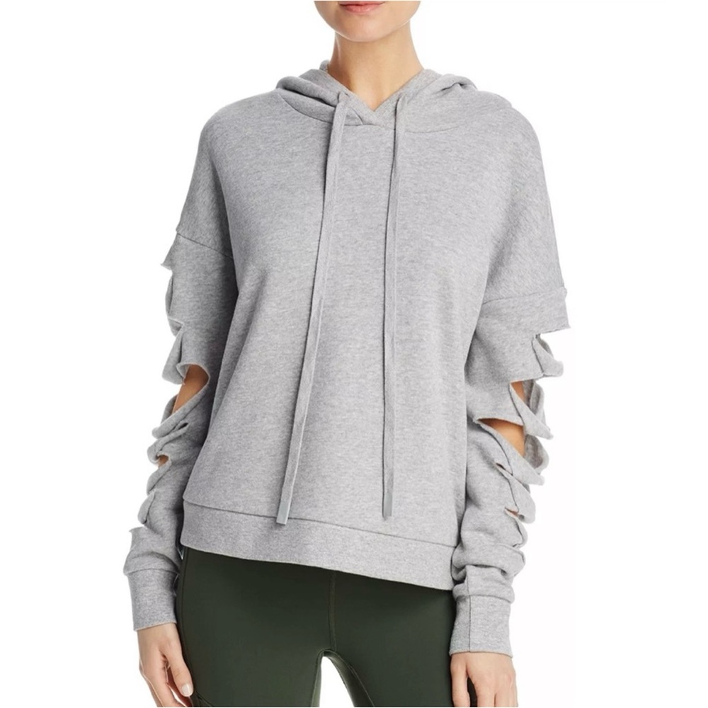 ALO Yoga Slash Sleeve Slay Hoodie Pullover Top Grey Gray Hooded Jacket